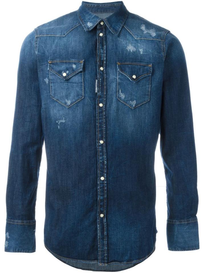 Dsquared2 Distressed Denim Shirt, Men's, Size: 48, Blue, Spandex/elastane/cotton
