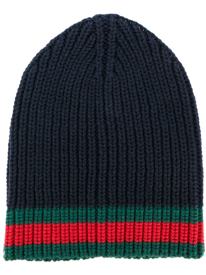 Gucci Gg Vintage Web Ribbed Beanie - Blue