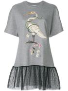 Red Valentino Embroidered T-shirt With Lace Hem - Grey