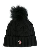 Moncler Grenoble Cable Knit Pom Pom Hat, Women's, Black, Coyote Fur/wool/cashmere