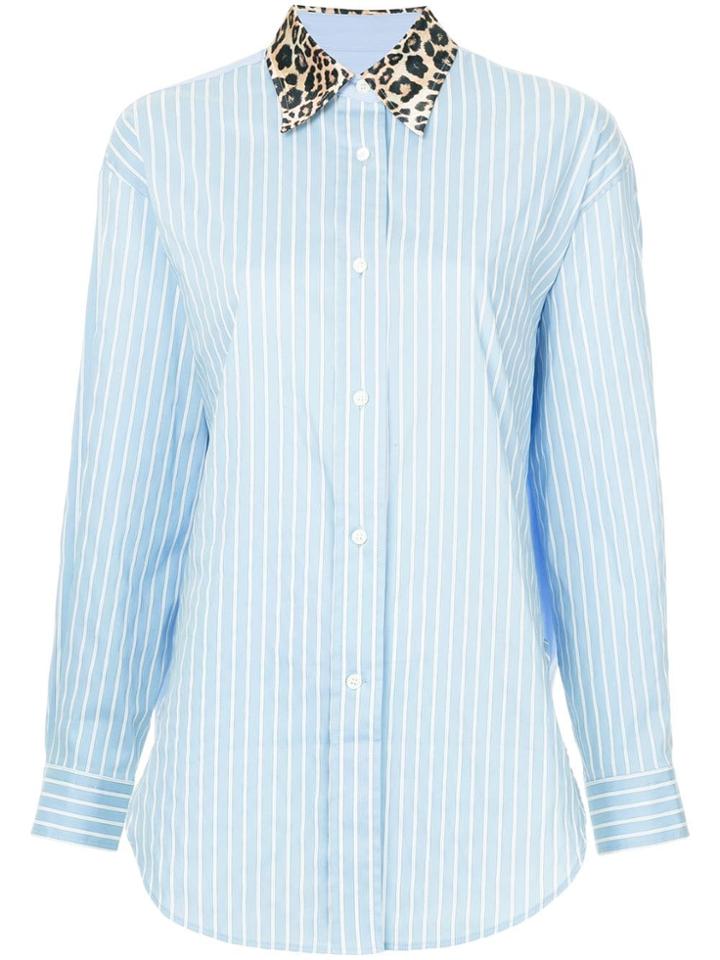 System Leopard Print Collar Striped Shirt - Blue