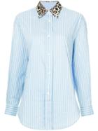 System Leopard Print Collar Striped Shirt - Blue