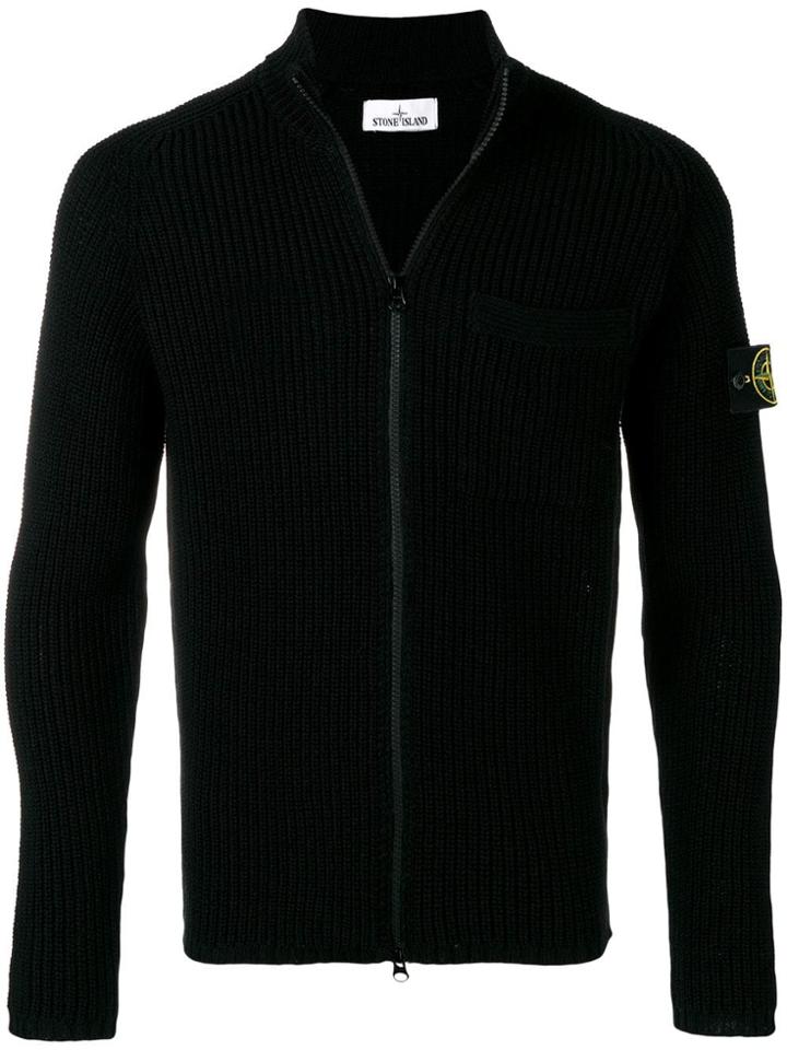 Stone Island Logo Patch Ribbed Cardigan - Black