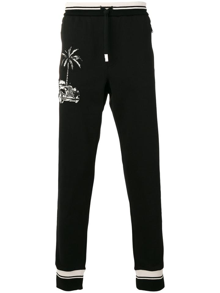 Dolce & Gabbana Car & Palm Tree Patch Track Pants, Men's, Size: 46, Black, Cotton