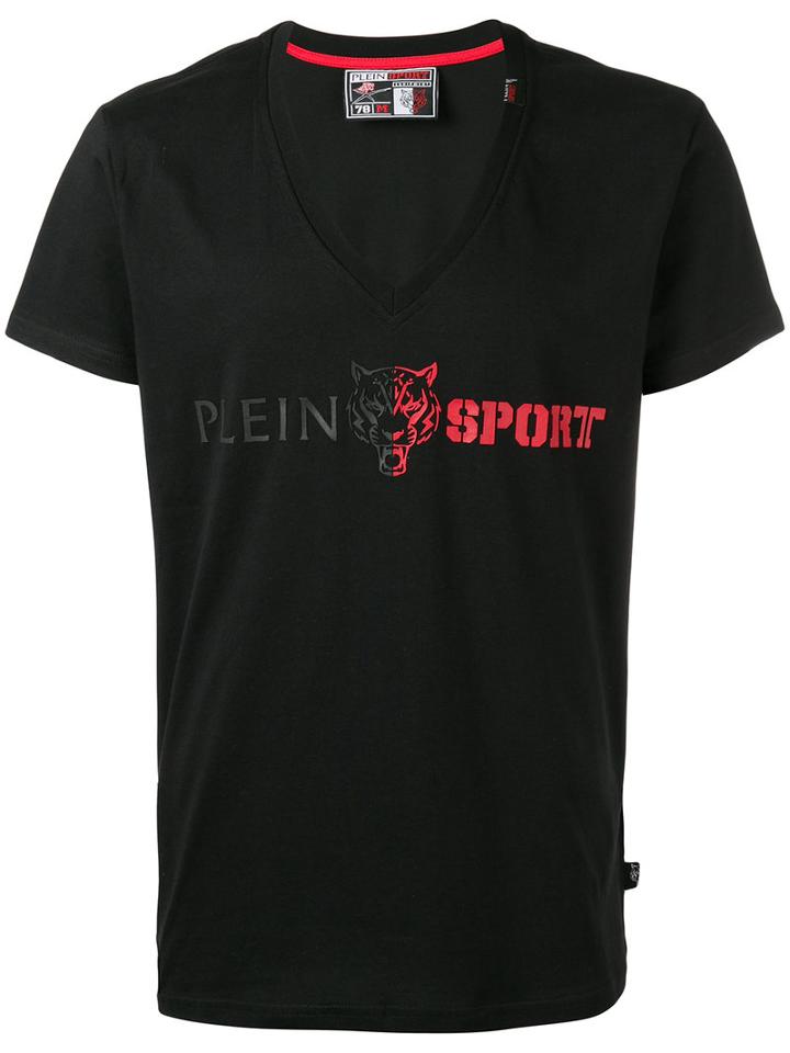 Plein Sport Logo Print V-neck T-shirt, Men's, Size: Medium, Black