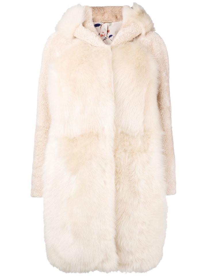 Liska Hooded Panel Fur Coat - Nude & Neutrals