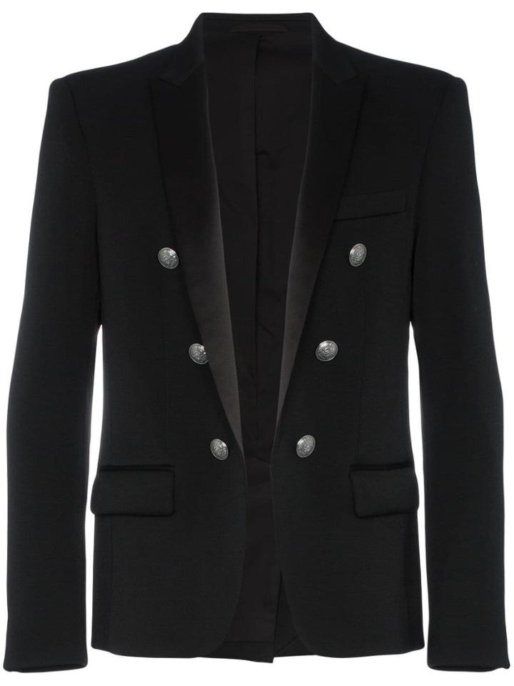 Balmain 6 Button Wool Blazer With Satin Lapels - Black