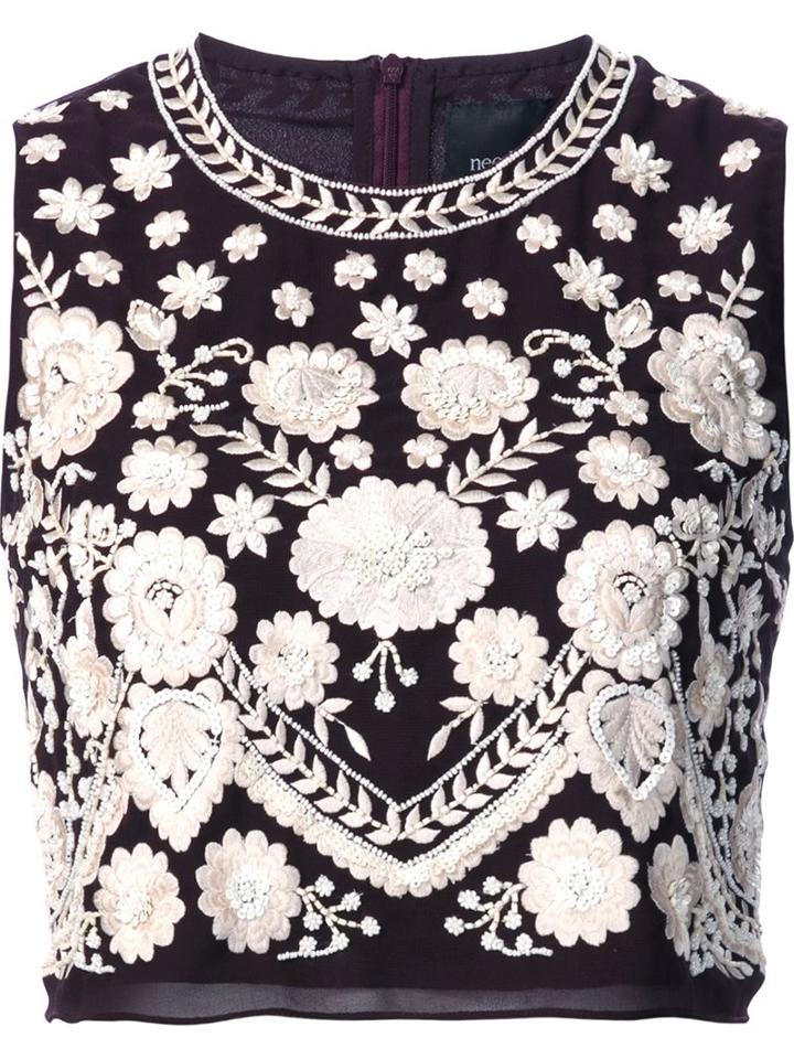 Needle & Thread Floral Embroidered Cropped Blouse, Women's, Size: 12, Black, Polyester