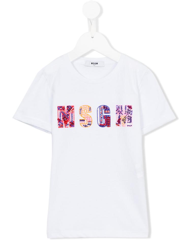 Msgm Kids Bead Embroidered Logo T-shirt, Girl's, Size: 12 Yrs, White