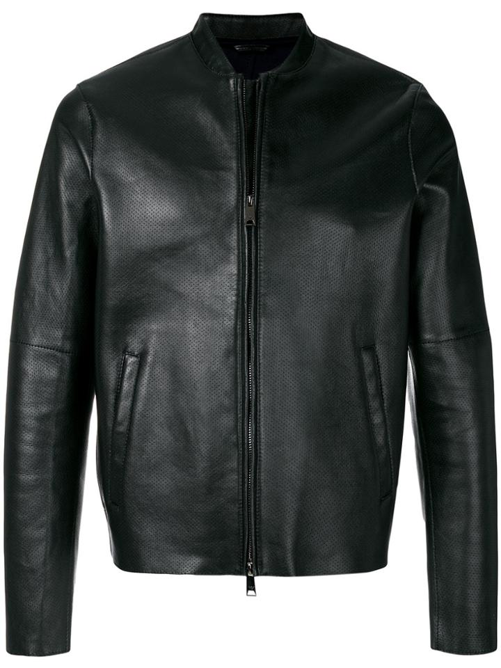 Emporio Armani Leather Bomber Jacket - Black