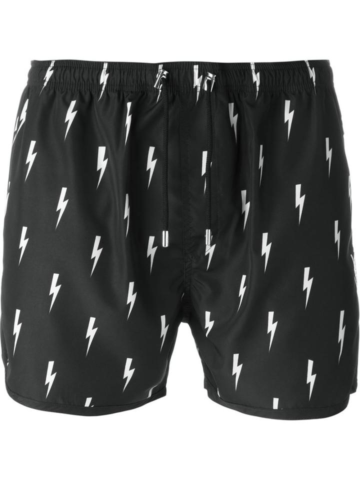 Neil Barrett Lightning Bolt Swimming Shorts, Men's, Size: Large, Black, Polyester