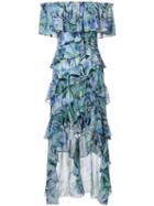 Badgley Mischka - Ruffled Dress With Bird Detail - Women - Polyester - 6, Blue, Polyester