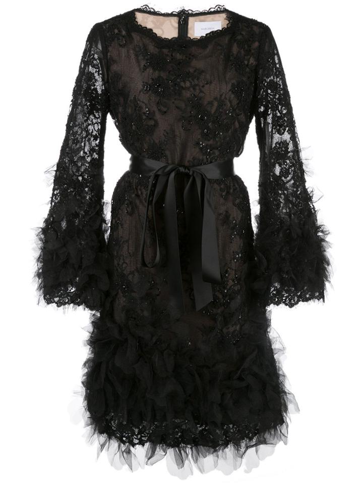 Marchesa Beaded Tie-waist Dress - Black