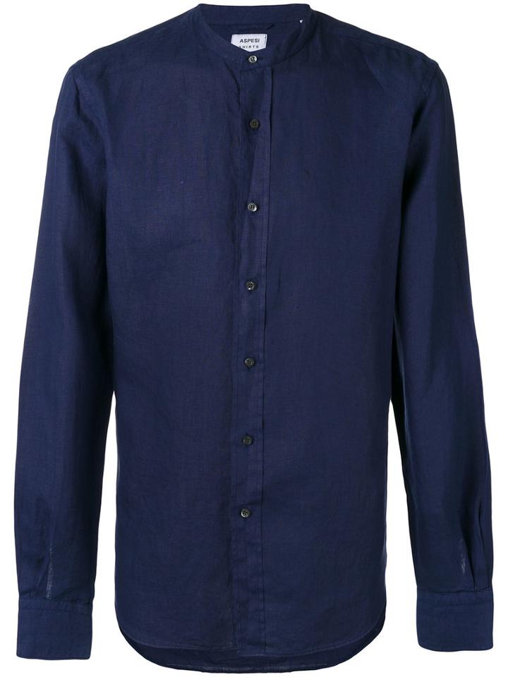 Aspesi - Band Collar Shirt - Men - Linen/flax - 42, Blue, Linen/flax