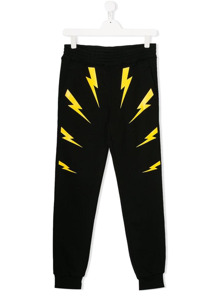 Neil Barrett Kids Lightening Bolt Print Casual Trousers - Black