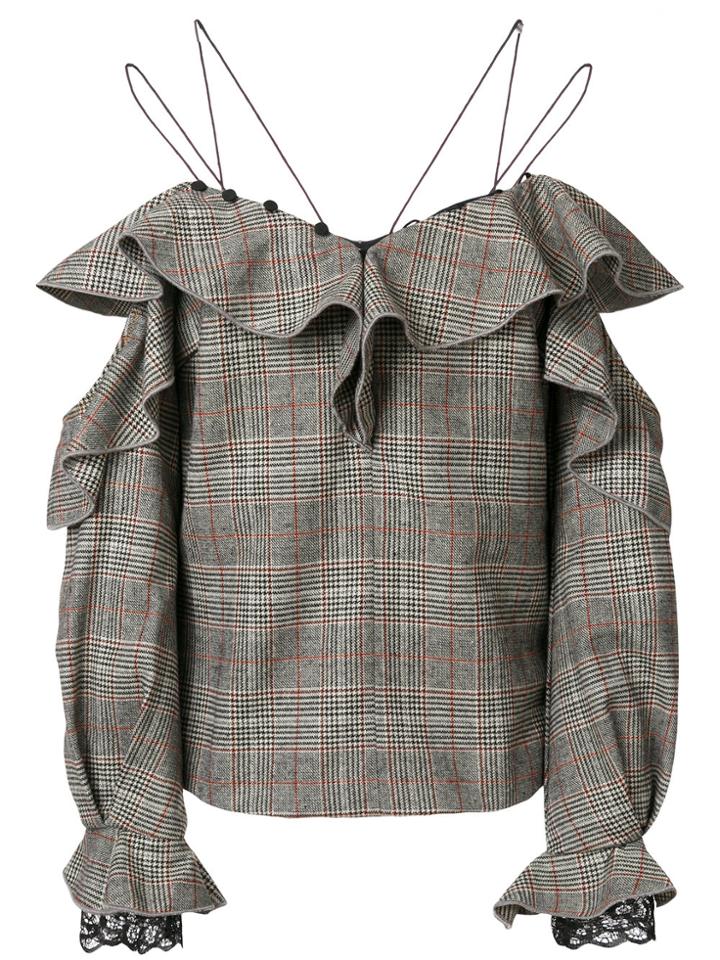 Self-portrait Off-the-shoulder Tweed Blouse - Grey
