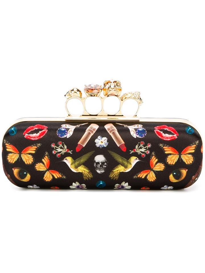 Alexander Mcqueen 'knuckle' Long Box Clutch, Women's, Black, Satin/metal/crystal/leather