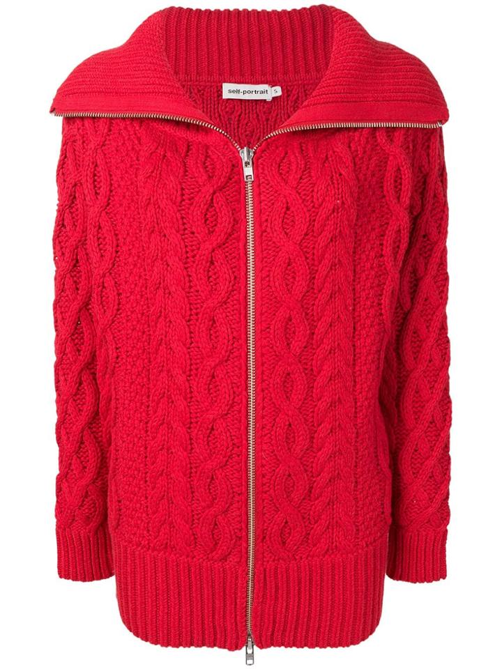 Self-portrait Cable Knit Zipped Cardigan - Red