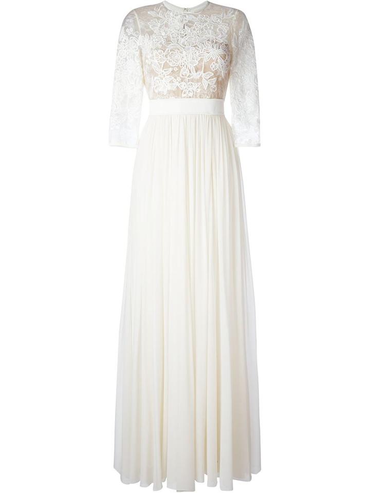 Elie Saab Embroidered Panel Pleated Gown, Women's, Size: 34, Nude/neutrals, Silk/viscose/polyamide/polyester