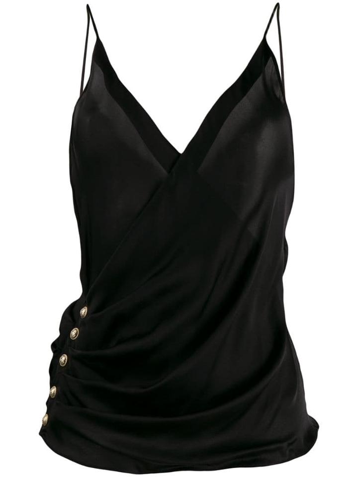 Balmain Ruched V-neck Sleeveless Top - Black