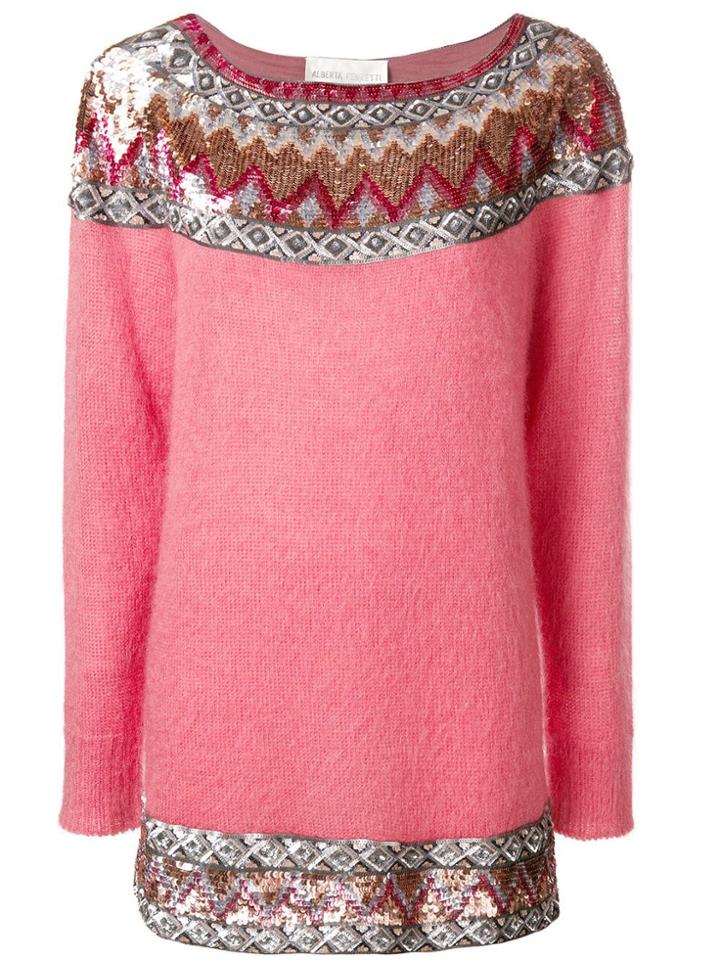 Alberta Ferretti Sequin Embellished Slash Neck Sweater - Pink & Purple