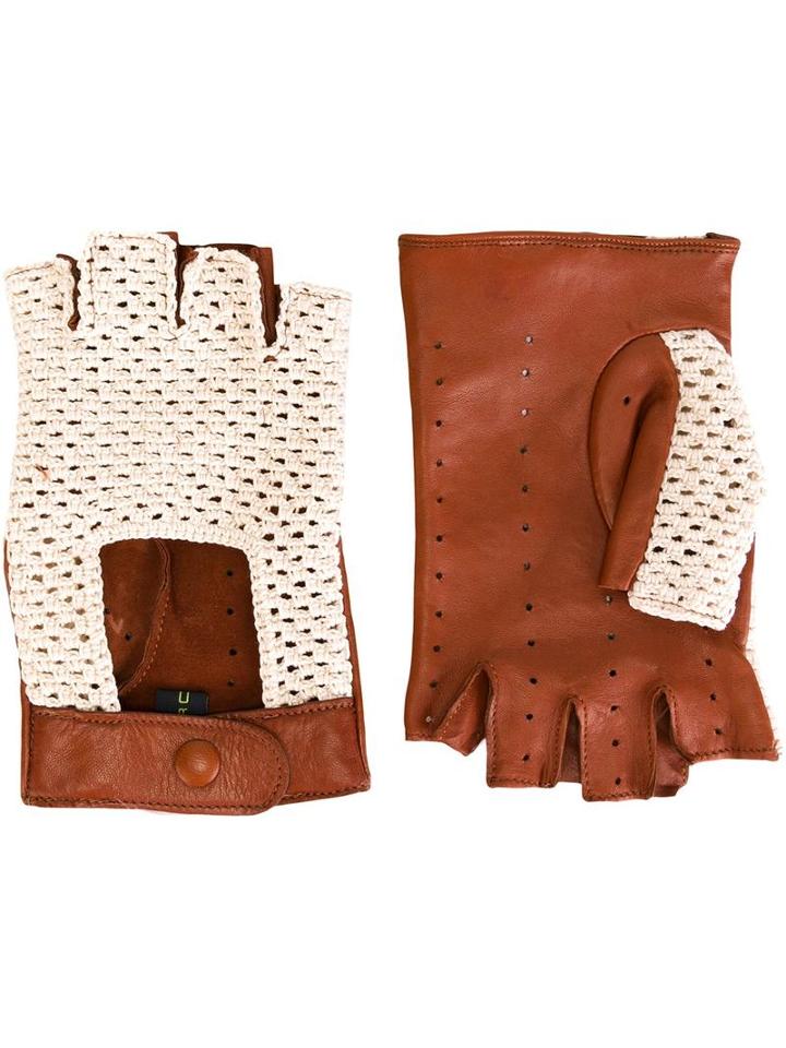 Etro Crochet Detail Fingerless Gloves, Men's, Size: Small, Brown, Lamb Skin/cotton