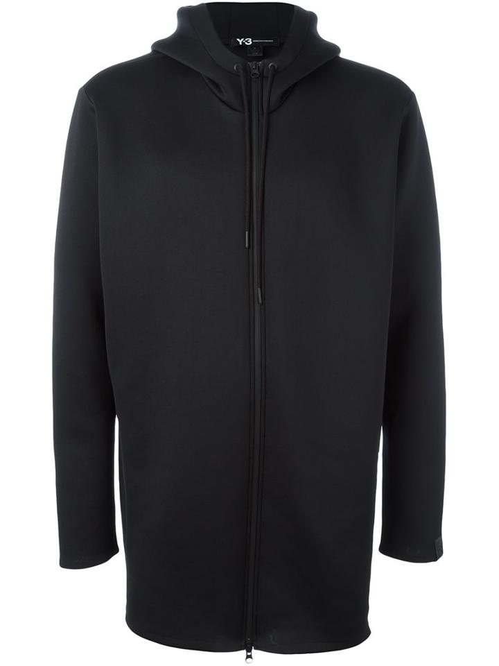Y-3 Hooded Long Jacket, Men's, Size: Large, Black, Polyester/spandex/elastane
