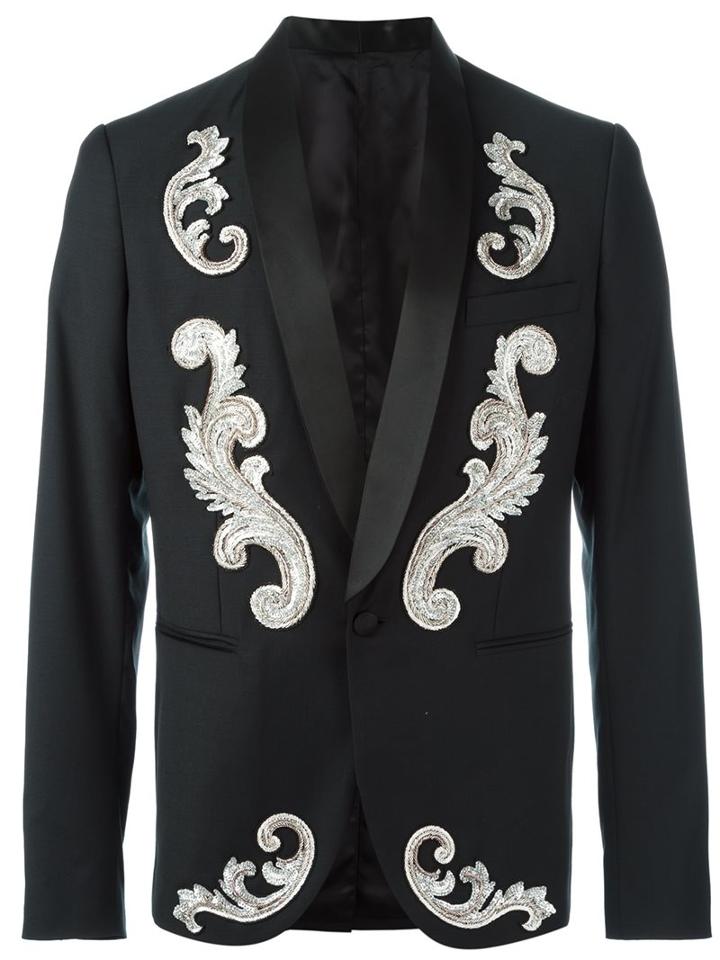 Christian Pellizzari Embroidered Applique Smoking Jacket, Men's, Size: 52, Black, Viscose/virgin Wool