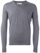 Brunello Cucinelli V Neck Fine Knit Jumper, Men's, Size: 46, Grey, Wool/cashmere