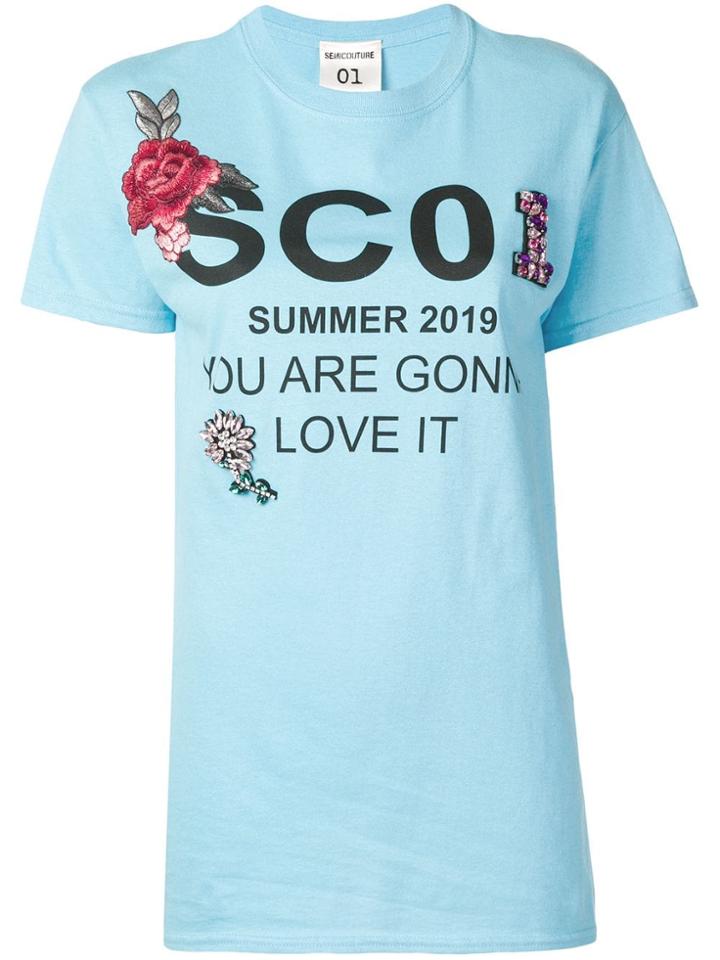 Semicouture Floral Appliqués T-shirt - Blue