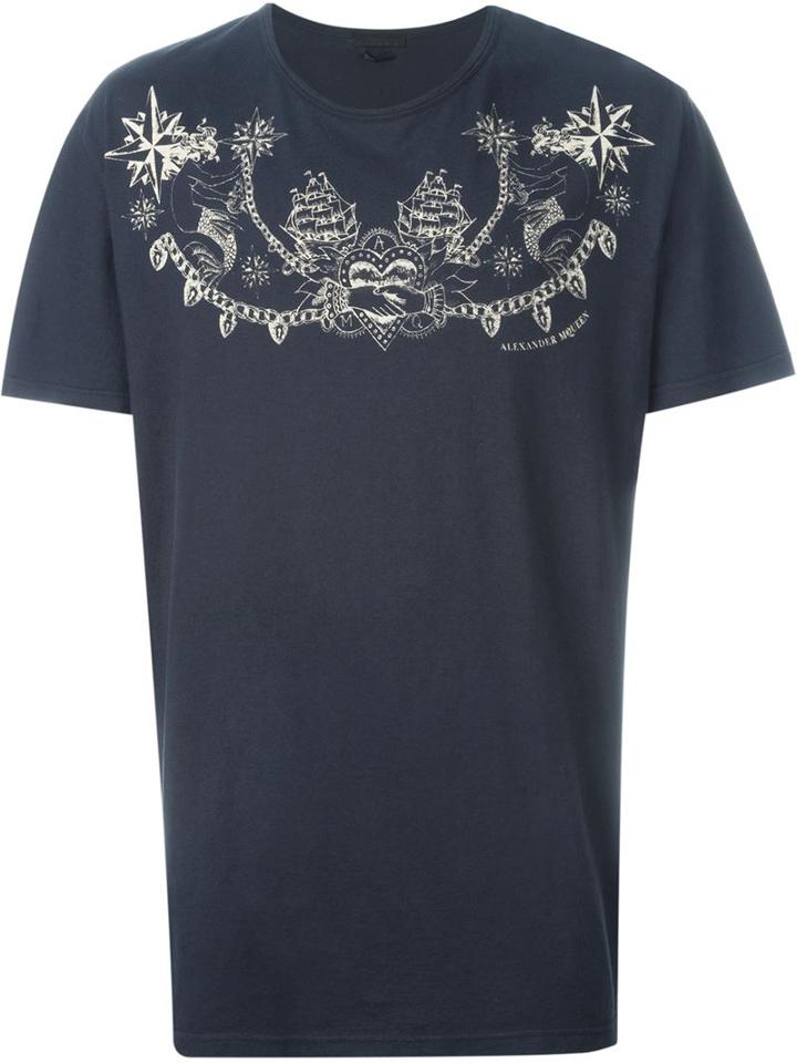 Alexander Mcqueen Tattoo Print T-shirt, Men's, Size: Xs, Grey, Cotton
