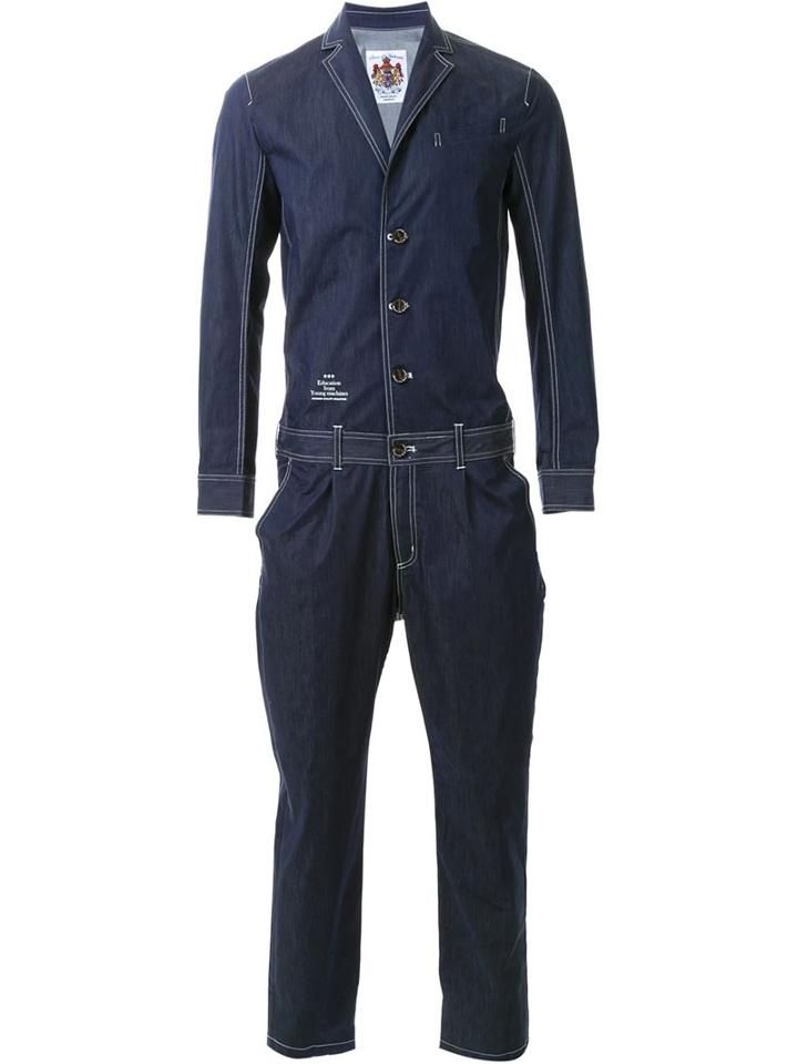 Education From Youngmachines Contrast Trim Single Breast Tapered Leg Jumpsuit, Men's, Size: 2, Blue, Cotton/polyester