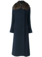 Lanvin Fur Trim Overcoat, Women's, Size: 40, Blue, Cotton/polyamide/viscose/racoon Fur