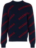 Balenciaga Navy Blue Logo Knitted Wool Jumper