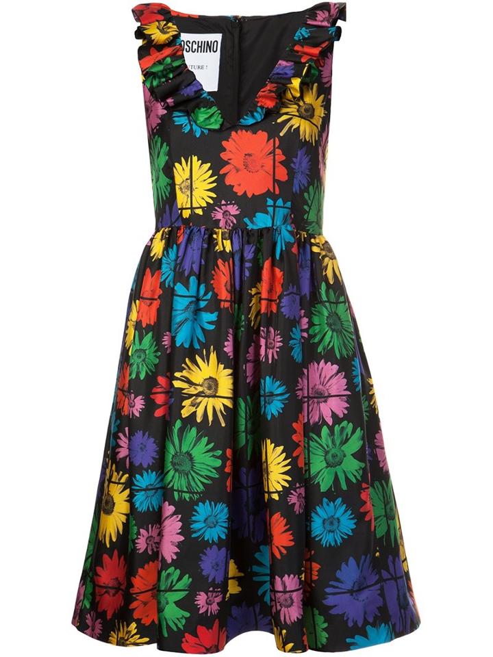 Moschino V-neck Floral Print Dress, Women's, Size: 42, Black, Silk/spandex/elastane/rayon