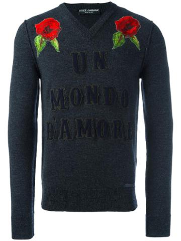 Dolce & Gabbana Un Mondo D'amore Appliqué Jumper, Men's, Size: 52, Grey, Virgin Wool/viscose/wool/polyamide