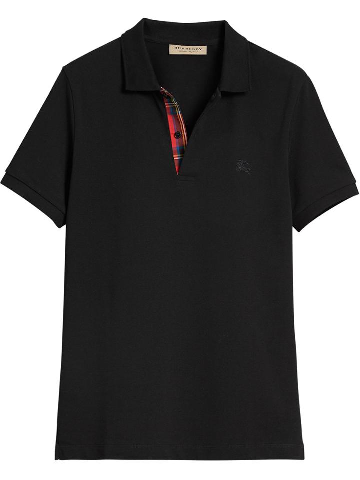 Burberry Tartan Trim Piqué Polo Shirt - Black