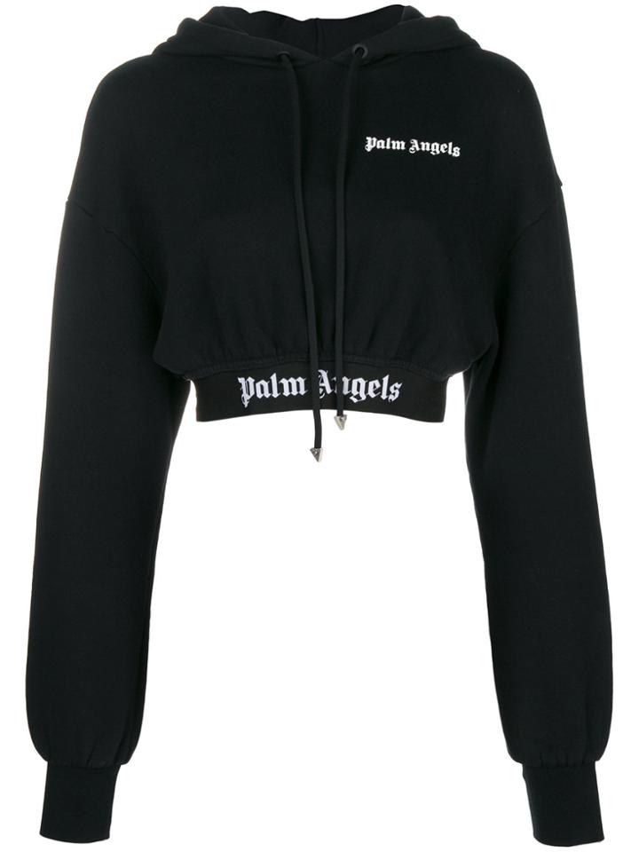 Palm Angels Cropped Logo Hoodie - Black