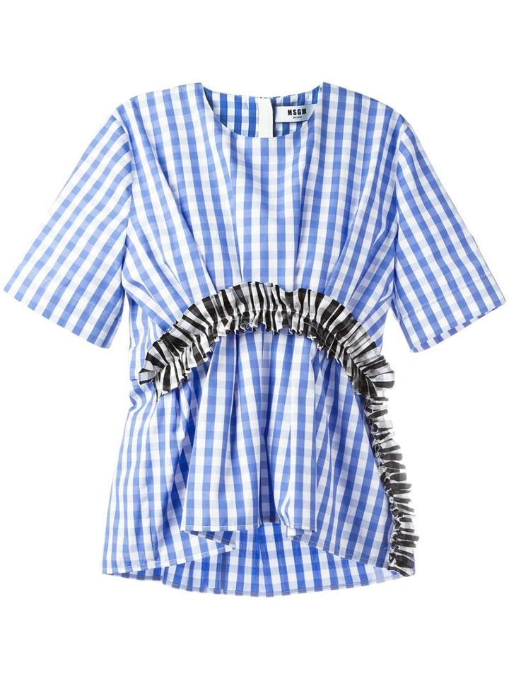 Msgm Checked Ruffle Detail Top, Women's, Size: 44, Blue, Cotton