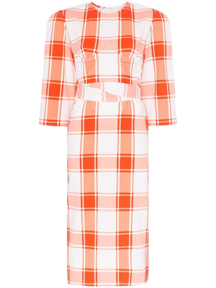 Pushbutton Check-print Belted Midi Dress - Red