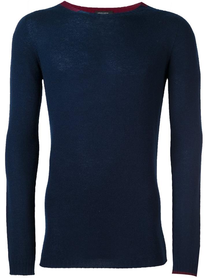 Roberto Collina Cashmere Contrast Collar Sweater, Men's, Size: 52, Blue, Cashmere