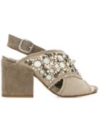 Elena Iachi Gem Embellished Block Heel Sandals - Nude & Neutrals