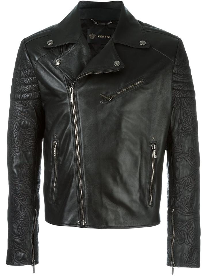 Versace Patterned Sleeves Biker Jacket, Men's, Size: 48, Black, Lamb Skin/viscose/cupro/cotton
