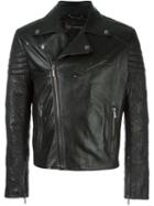 Versace Patterned Sleeves Biker Jacket, Men's, Size: 48, Black, Lamb Skin/viscose/cupro/cotton
