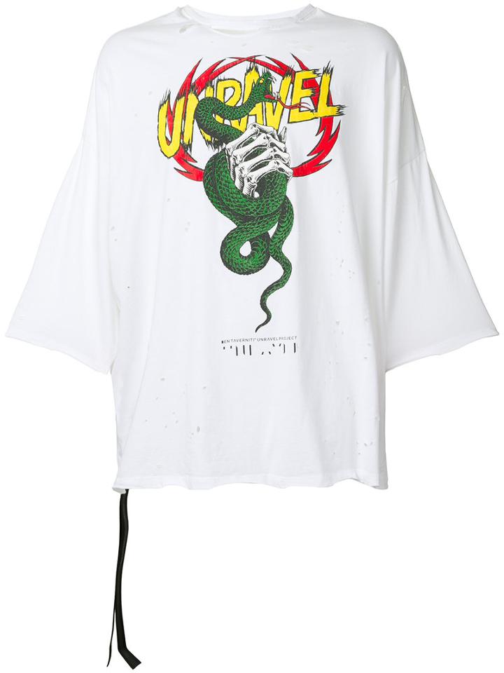 Unravel Project Distressed Snake Print Boxy T-shirt, Men's, Size: Medium, White, Cotton