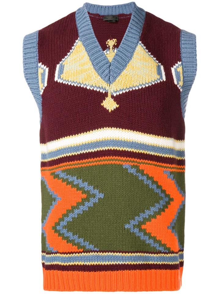 Prada Intarsia V-neck Sweater Vest - Red