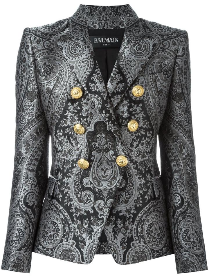 Balmain Double Breasted Paisley Blazer, Women's, Size: 36, Grey, Cotton/polyester/viscose