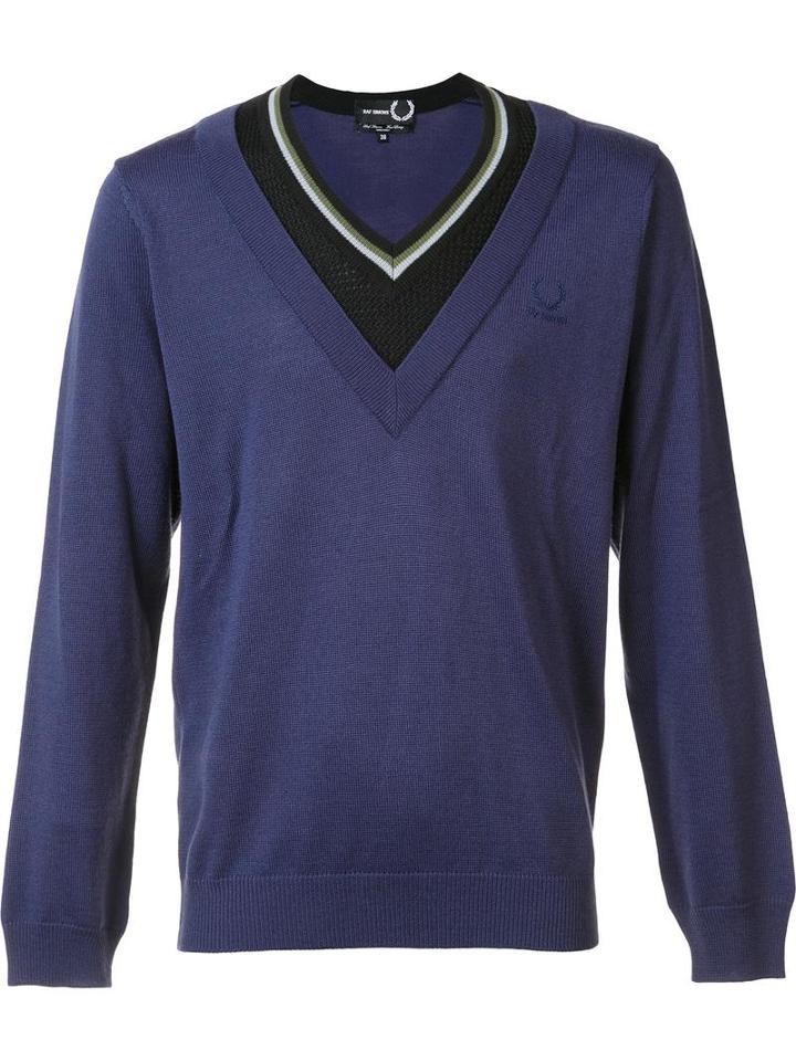 Raf Simons X Fred Perry Contrast Neck Jumper, Men's, Size: 44, Blue, Acrylic/wool