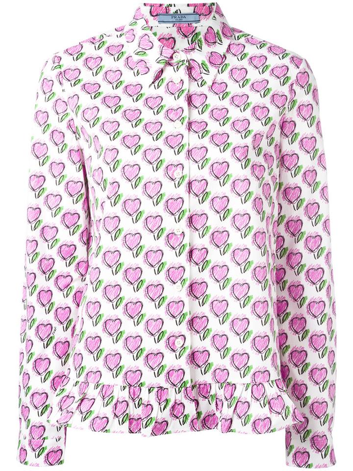 Prada Heart Print Shirt, Women's, Size: 42, White, Cotton/spandex/elastane