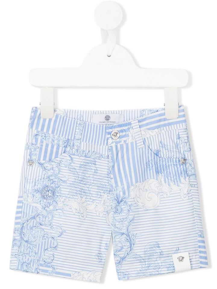 Young Versace Baroque Print Striped Shorts, Toddler Boy's, Size: 18 Mth, Blue